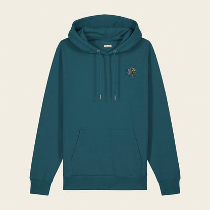 Bio Hoodie - Party Cat in Petrol - Paw & Pixel Stickdesign