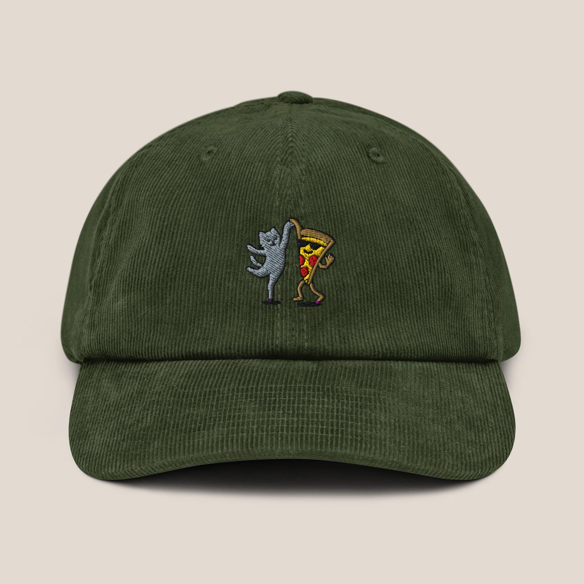 Cord Cap - Party Cat in Dark Olive - Paw & Pixel Stickdesign