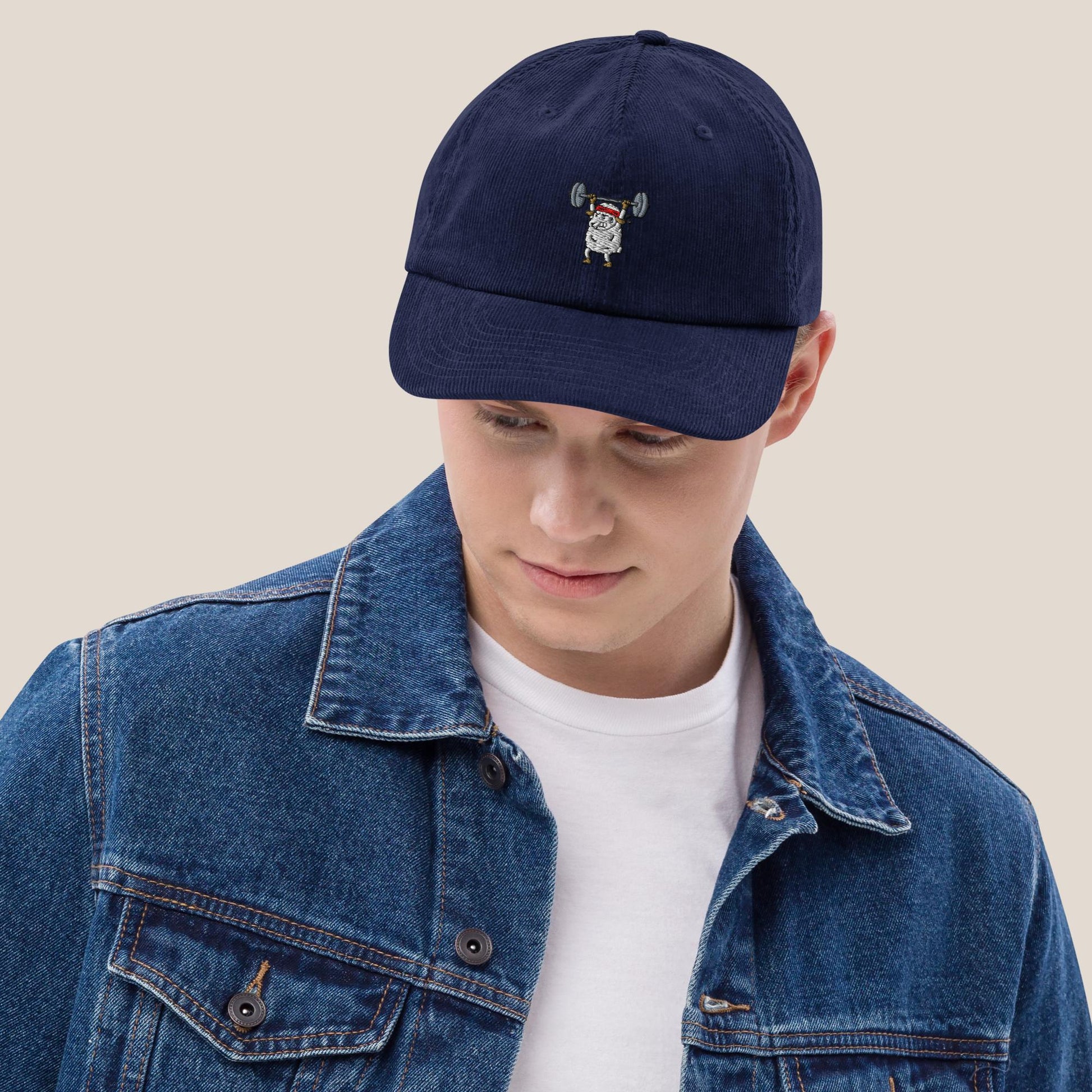 Cord Cap - Strong Sheep in Oxford Navy - Paw & Pixel Stickdesign